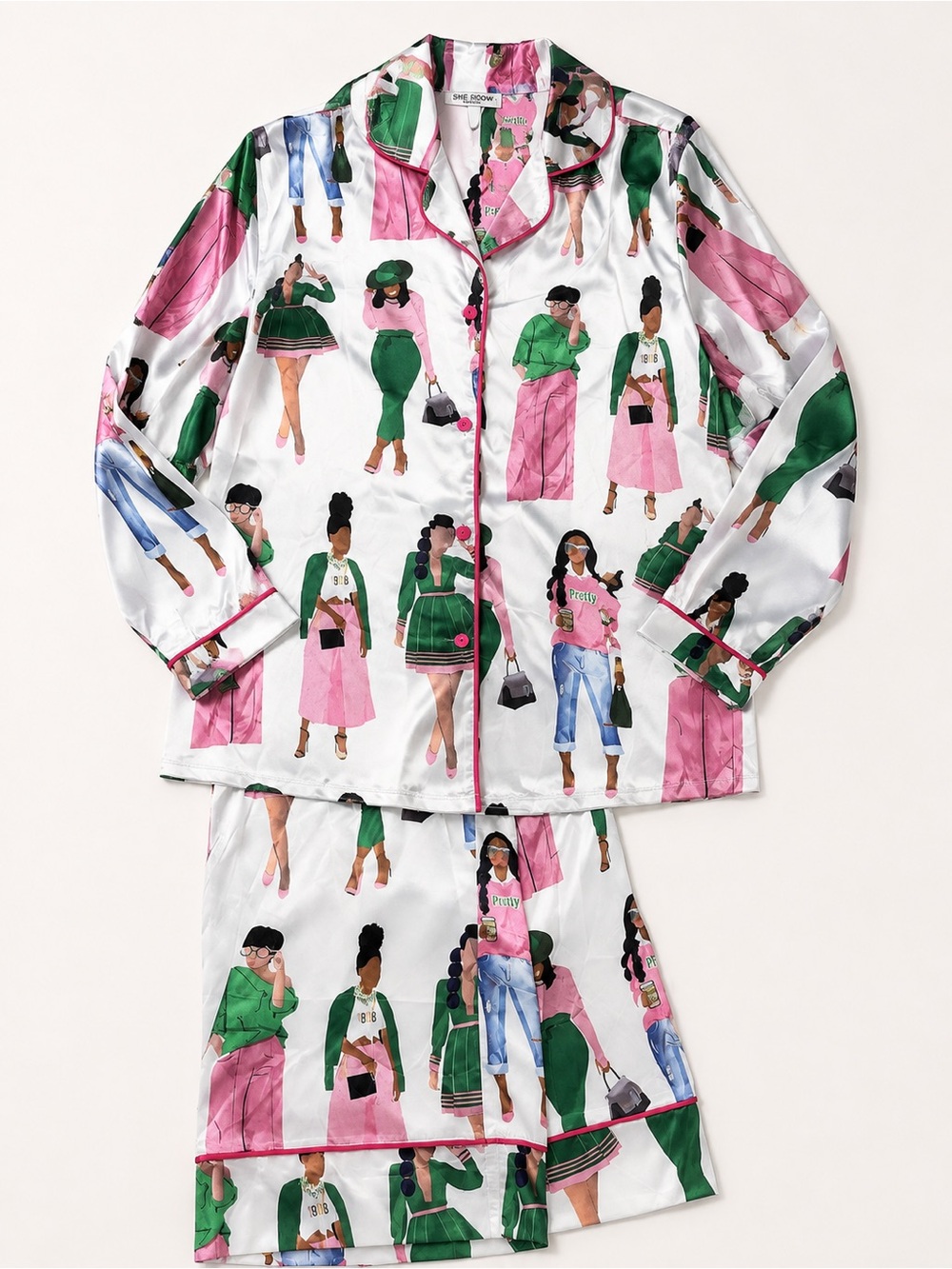 SHESHOW Women’s Satin Pajama Set Size M Fashion Print Pink Green NWT - Picture 2 of 5